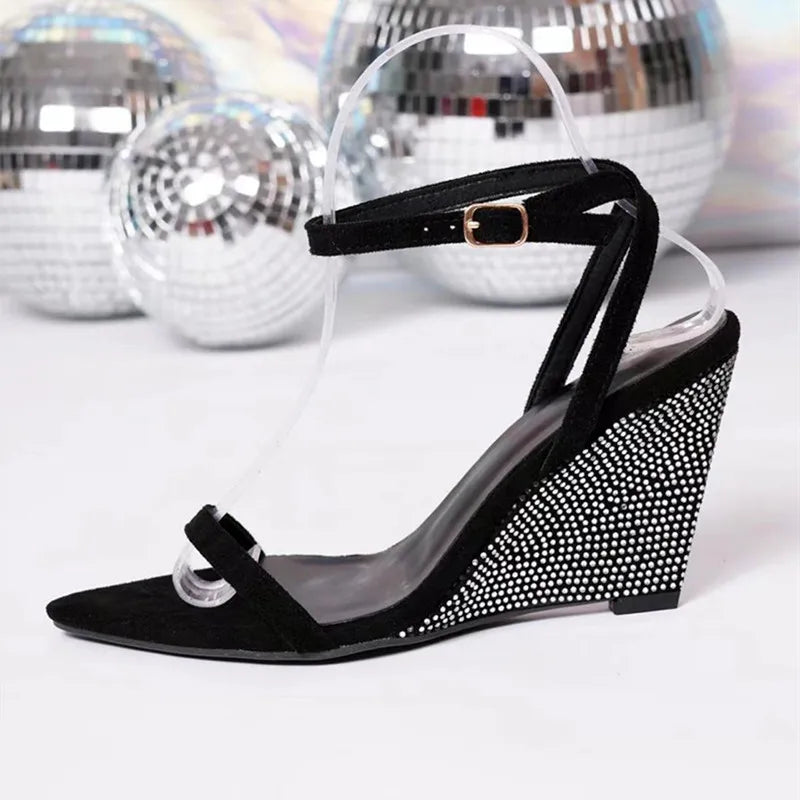 Soufree  -  New Rhinestone Design High Heels Women Pointed Toe Ankle Strap Wedge Sandals Simple Style Party Dress Shoe Elegant Office Heels