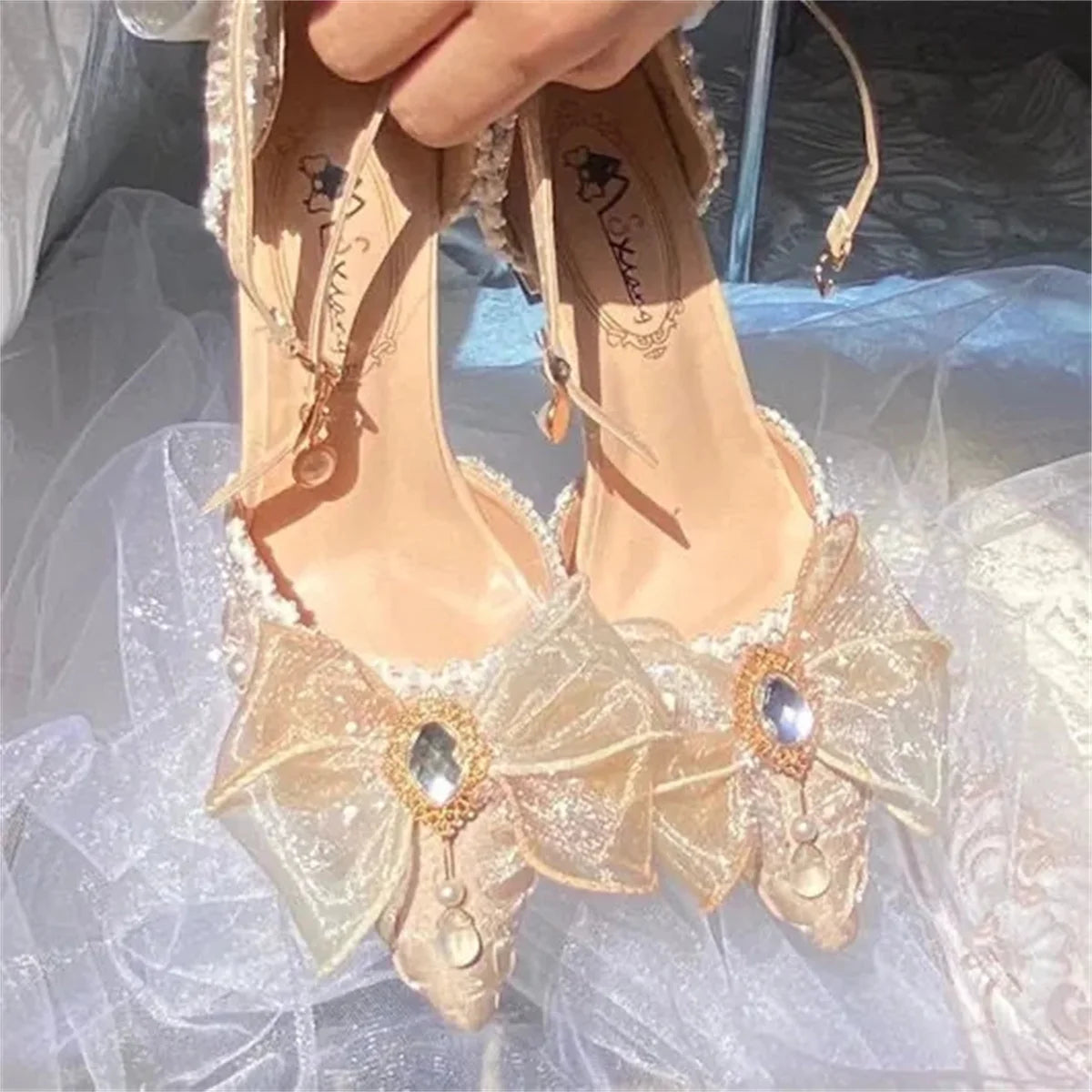 Soufree  -  Elegant Retro Lolita Court Style Cosplay Flower Wedding Girl Gorgeous Satin Bow Pearl Gem Ribbon Flower 8.5cm High Heels Shoes