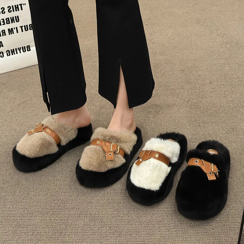 Soufree  -  Slippers Casual Flock  Platform Shoes New Fur Flip Flops Cover Toe Slipers Women Slides Luxury Plush Flat Rubber Slippers