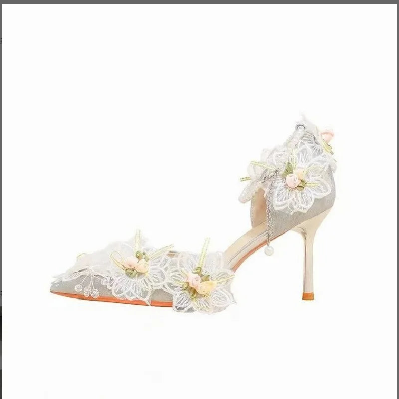 Soufree  -  Sweet Lolita High Heels Women's New Silver Lace Wedding Thin Heel Pointed Wedding Shoes Cos Loli