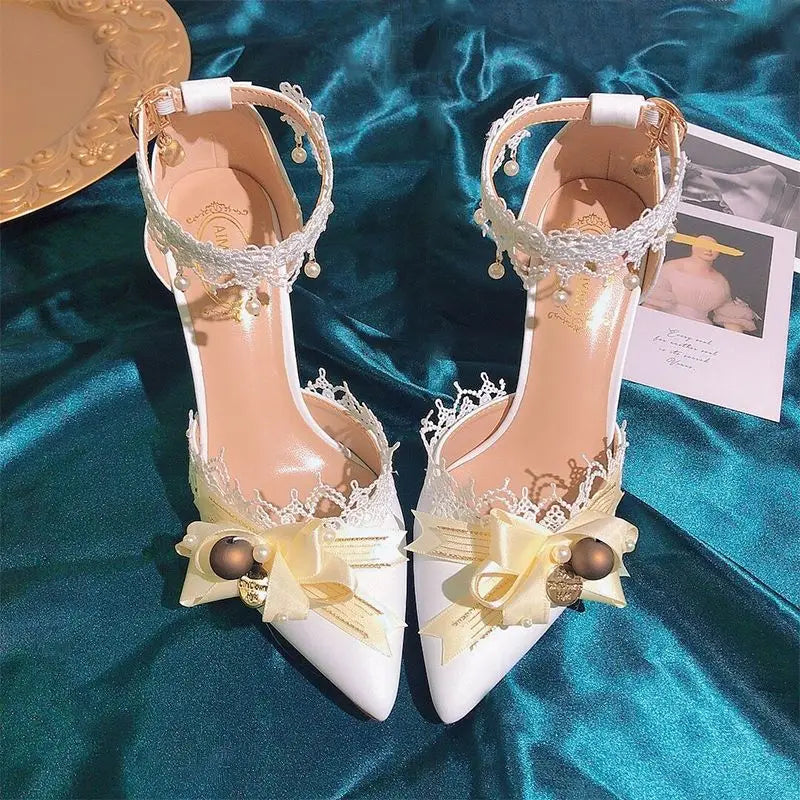 Soufree  -  French White Hollow Straight Lace Pearl Wristband High Heel Women's Shoes Flower Bow Birthday Heels for Women Luxury 