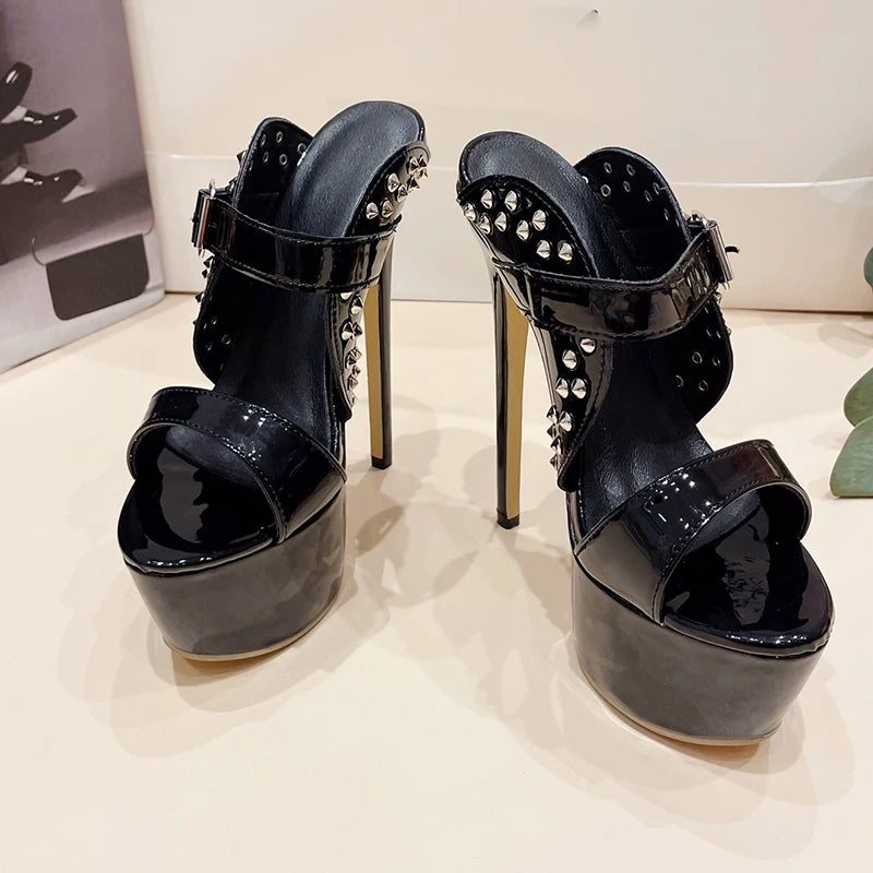 Soufree  -  Sexy Fashion 16CM High Heeled Thick Platform Mules Sandal Rivet Buckle Strap Cross Dressing Party Shoes Black