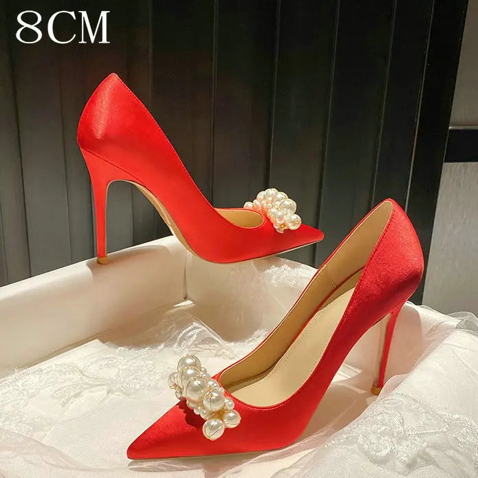 Soufree  - New Satin Wedding Bridesmaid Shoes Champagne High Heels Pearl French Girl Dress Pumps