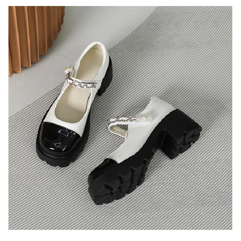 Soufree  -  Fairy High Heels Lolita Sweet Shallow Mouth Single Shoes Fashionable Pearl Colored Mary Jane Shoes Academy Style Leather Shoes