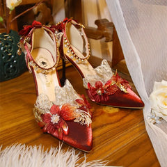 Soufree  -  One Night Story Lolita Shoes Slim Heels Cos Loli Girl Flower Wedding Bride Chinese Style High Heel Wedding Shoes