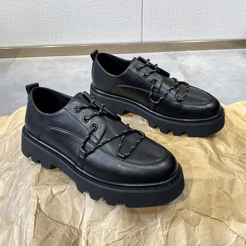 Soufree  -  Men's Japan Karajuku Korean Style Fashion Streetwear Thick Platform Casual Black Leather Shoes Lace Up Dress Leather Shoes