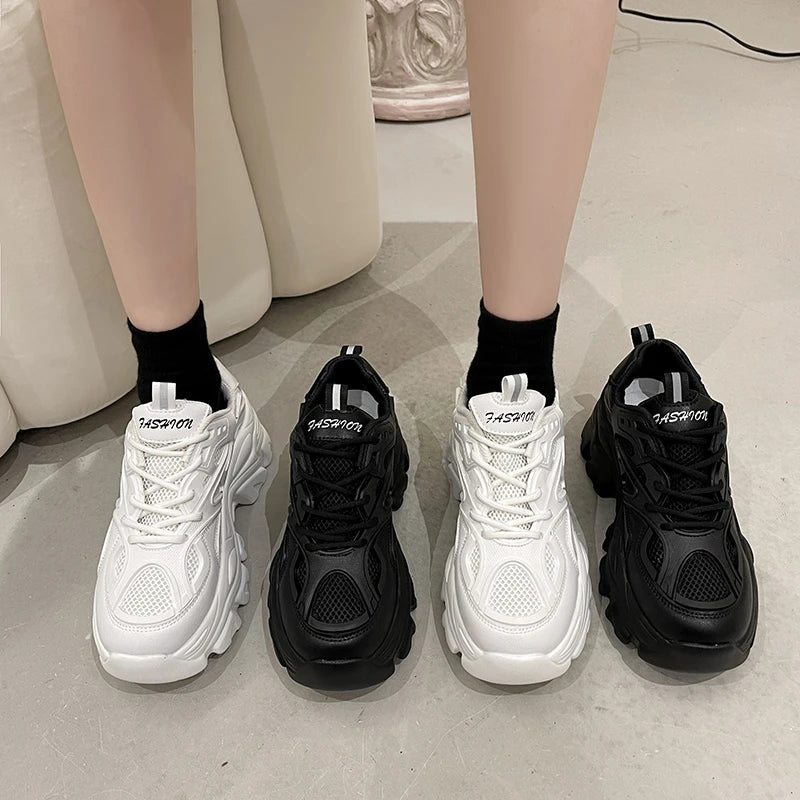 Soufree  -  Leisure Chunky Sneakers Female Autumn PU Lace Up Mid Heels Round Toe Casual Women Shoes Solid Platform Vulcanize Shoes Plus Size