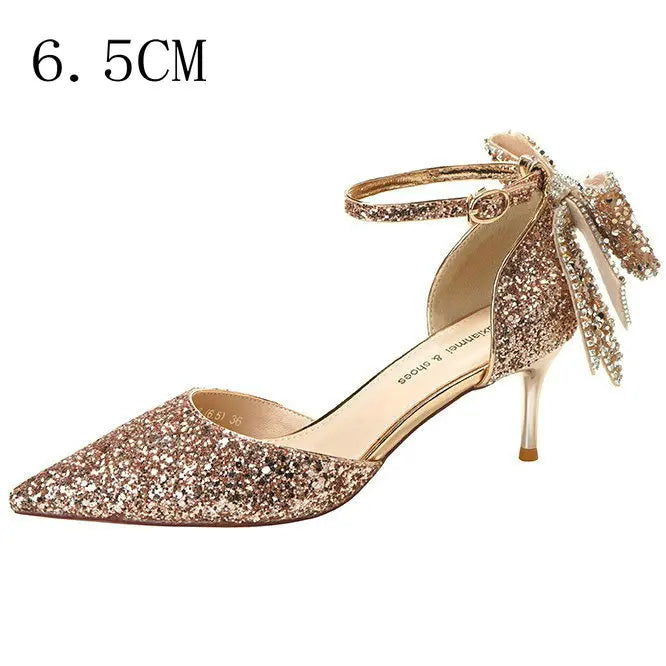 Soufree  - 8.5cm Wedding High Heels Bling Sequined Stiletto Heel Work Pumps Back Bowknot Pointed Toe Party Women's Shoes