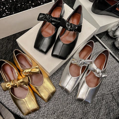 Soufree  -  summer shoes Flats Mary Jane Women Shoes Square Head Designer Shoes Gold Casual Shallow Loafers Comfort Walking Bow Fashion Ballet Shoes