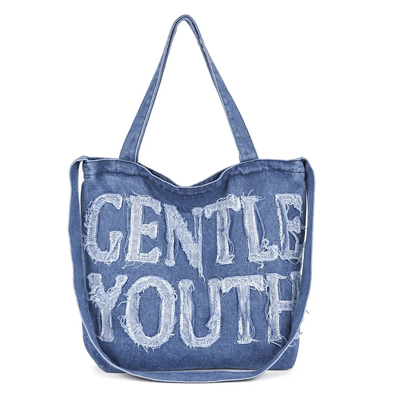 Soufree  -  Large Denim Women's Bag New Jeans Tote Bag Y2K Canvas Shoulder Bag Student Eco Bag Korean Shopper Female Purses and Handbag