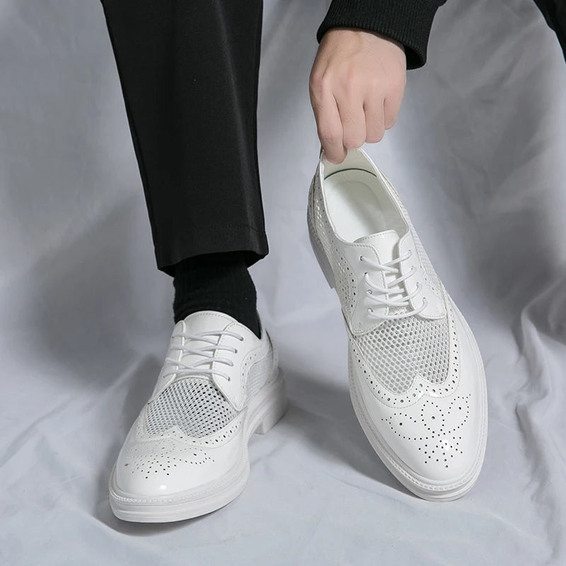 Soufree  -  Fashion Derby Leather Men Shoes Summer Breathable White Brogue Lace Up Solid Dress Shoes Business Casual Party Wedding Shoes Men