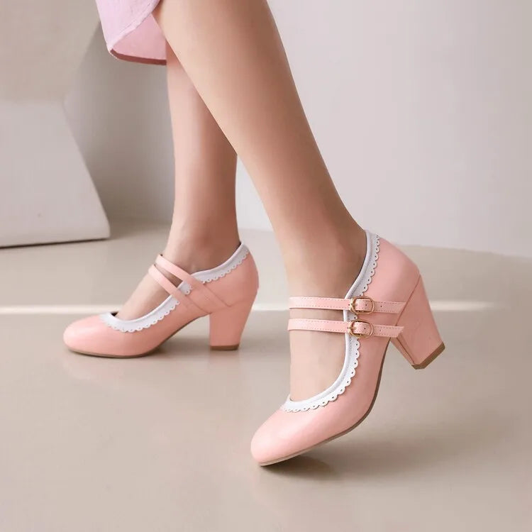 Soufree  - candy color patent leather Mary Jane shoe chunky heel women shoes ankle strap pumps party cosplay uniform wedding shoes