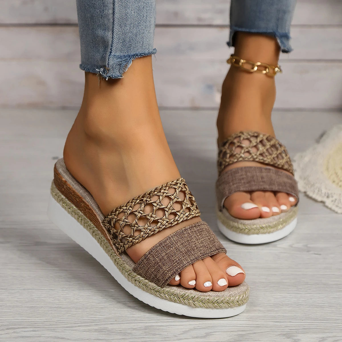 Soufree  -  Fashion Hollow Woven Bandage Sandals Fish Mouth Wrap The Instep Wedge Heel Slippers Women Comfortable Dressy Open Toe Shoes