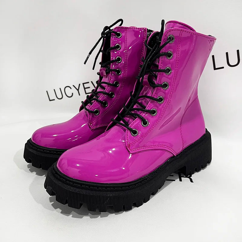 Soufree  - Lace Up Pink Ankle Boots Woman Patent Leather Platform Motorcycle Boots Woman Thick Heels Zipper Short Booties