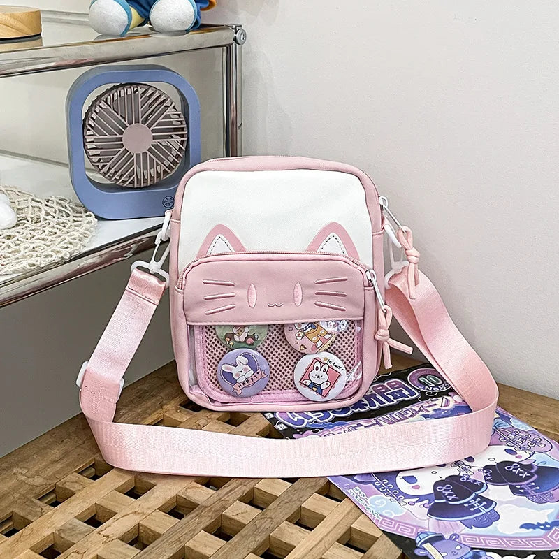 Soufree  -  Harajuku Mini Women Ita Bags Women Casual Nylon Cartoon Cat Embroidered Bolso Mujer Daily Subculture DIY Badge Bag Female