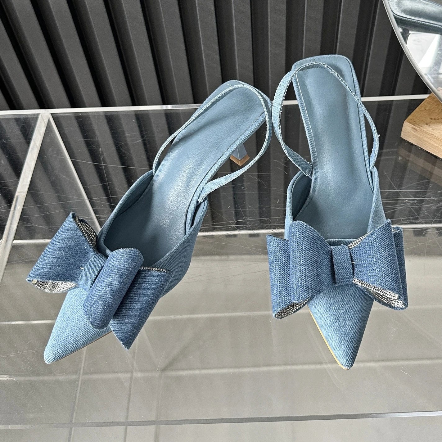 Soufree  -  Bow Tie Cowboy High Heeled Sandals Women Summer Low Heel Designer Rhinestone Pointed Pumps Denim Mueller Sandals Female