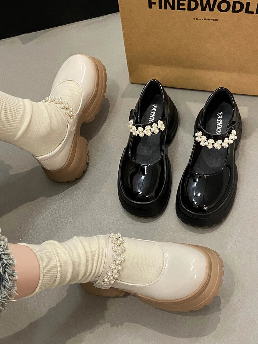 Soufree  -  Korean Shoes Female Footwear Pearl Decorateion Clogs Platform Dress Summer Beading New Retro Creepers PU Mary Janes Med Rub