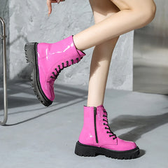 Soufree  - Lace Up Pink Ankle Boots Woman Patent Leather Platform Motorcycle Boots Woman Thick Heels Zipper Short Booties