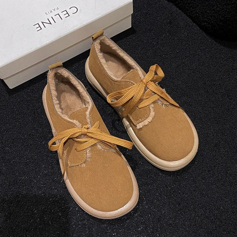 Soufree  -  Classic Flats Woman Winter Casual Lace Up Round Toe Sweet Shoes Woman Solid Platform Flats Plus Size Zapatillas Mujer Shoes