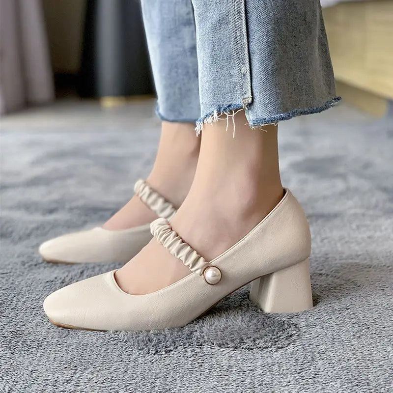 Soufree  -  Block Heel Shoes for Woman Pumps Women's Summer Footwear High Heels on Heeled Normal Leather Casual Chunky A Korean Style E