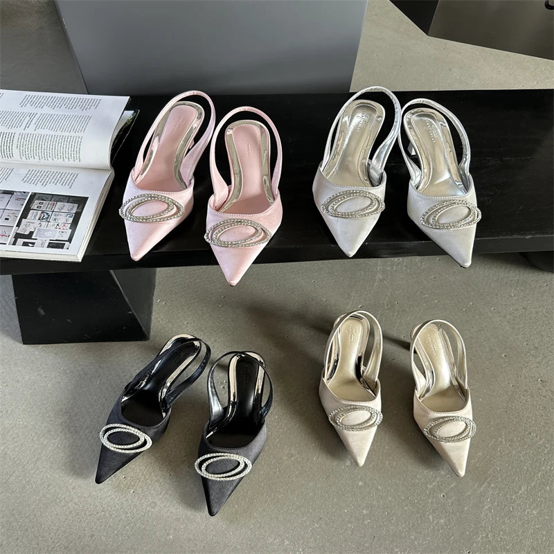 Soufree  -  Fashion Silk Pointed Diamond Decoration New Women's Sandals Summer Slingback High Heels Shoes Pumps Mules