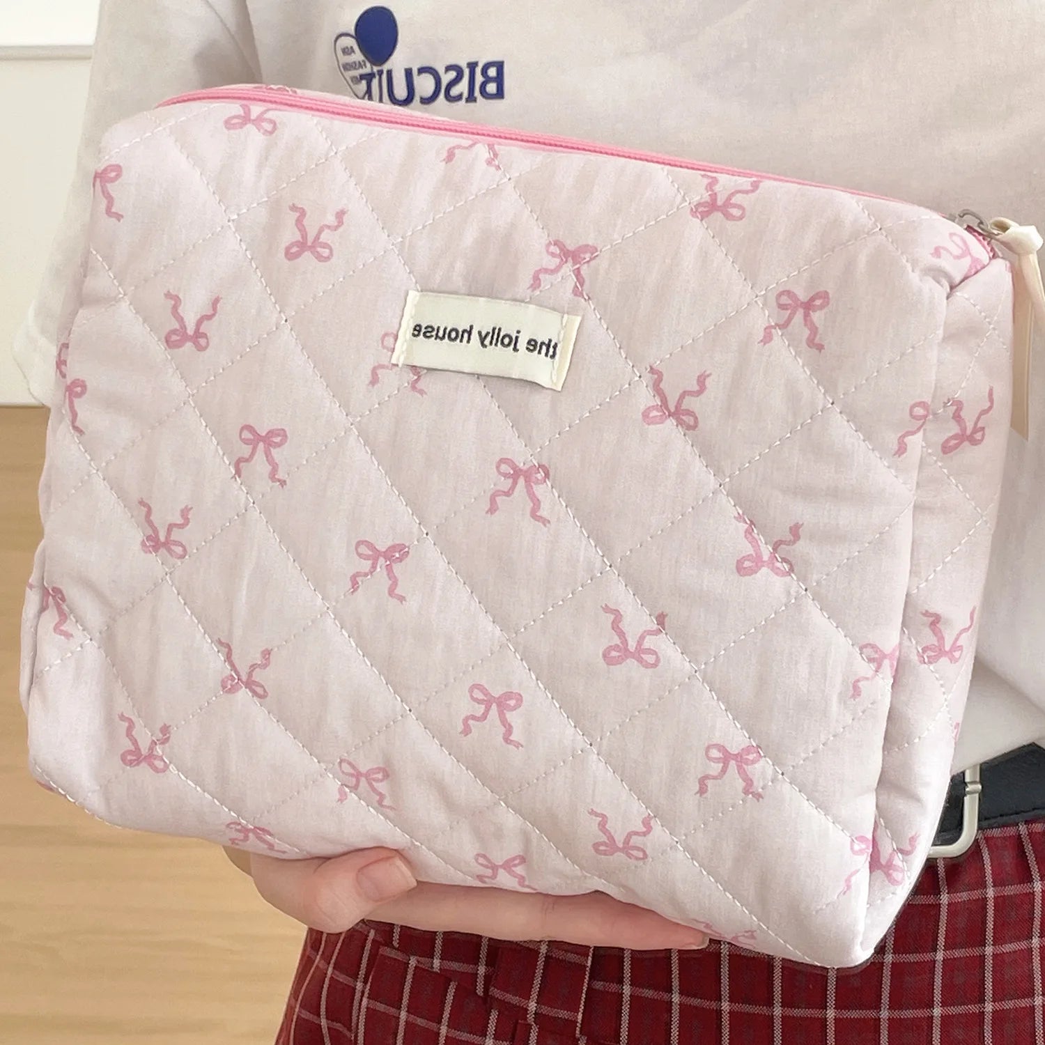 Soufree  -  Pink Bowknot Quilting Women Cosmetic Bag Portable Zipper Makeup Travel Organizer Female Handbag Toiletry Pouch For Girls