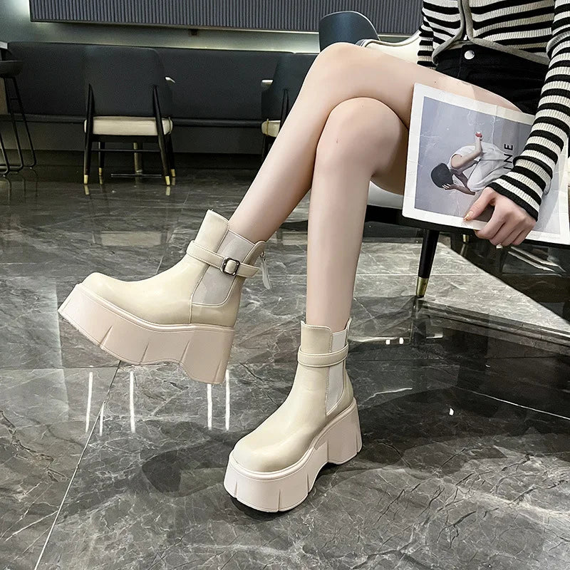 Soufree  -  Winter New Woman Platform Ankle Boots Fashion Round Toe Pu Ladies Elegant Short Boots Shoes Thick Bottom Women's Footwear