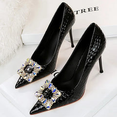 Soufree  -  Shoes Women Heels Metal Water Drill Buckle Woman Pumps Textured Patent Leather High Heels Stilettos Sexy Party Shoes