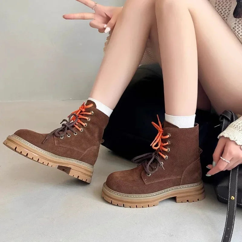 Soufree  -  New Elegant Ankle Boots for Women Autumn Winter Lace-up High Top Boots British Style Non-slip Outdoor Hiking Platform Boots