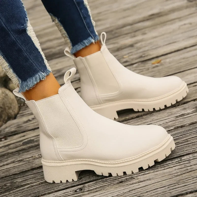 Soufree  - flat shoes trending shoes Chelsea Boots Women New Winter Fashion Round Toed Warm Ankle Boots Women PU Leather Platform Shoes for Women Zapatos