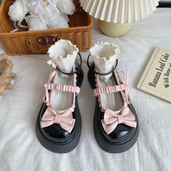 Soufree  - Lolita Sweet Bow Thick Bottom Small Cos Jk Leather Shoes Women's Summer/autumn Kawaii Loli Stage Dance Shoes