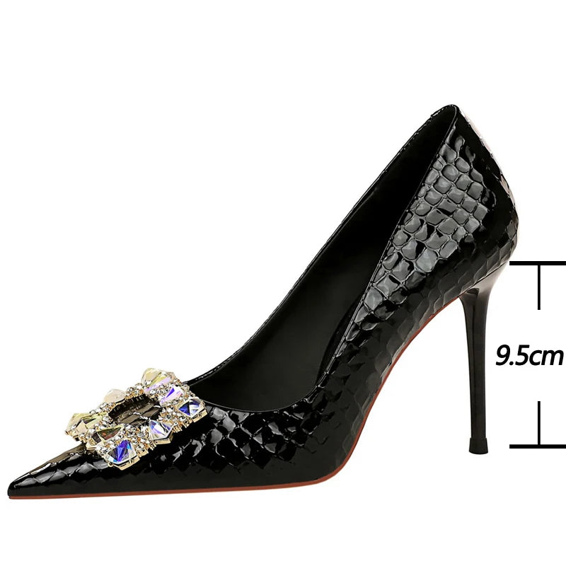 Soufree  -  Shoes Women Heels Metal Water Drill Buckle Woman Pumps Textured Patent Leather High Heels Stilettos Sexy Party Shoes