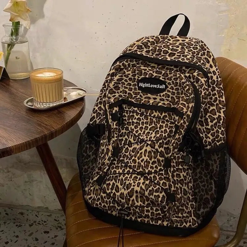 Soufree  -  Trendy Casual Leopard Print Women's Backpack Korean Large Capacity Versatile Leisure Schoolbag Y2k Unisex Travel Backpack