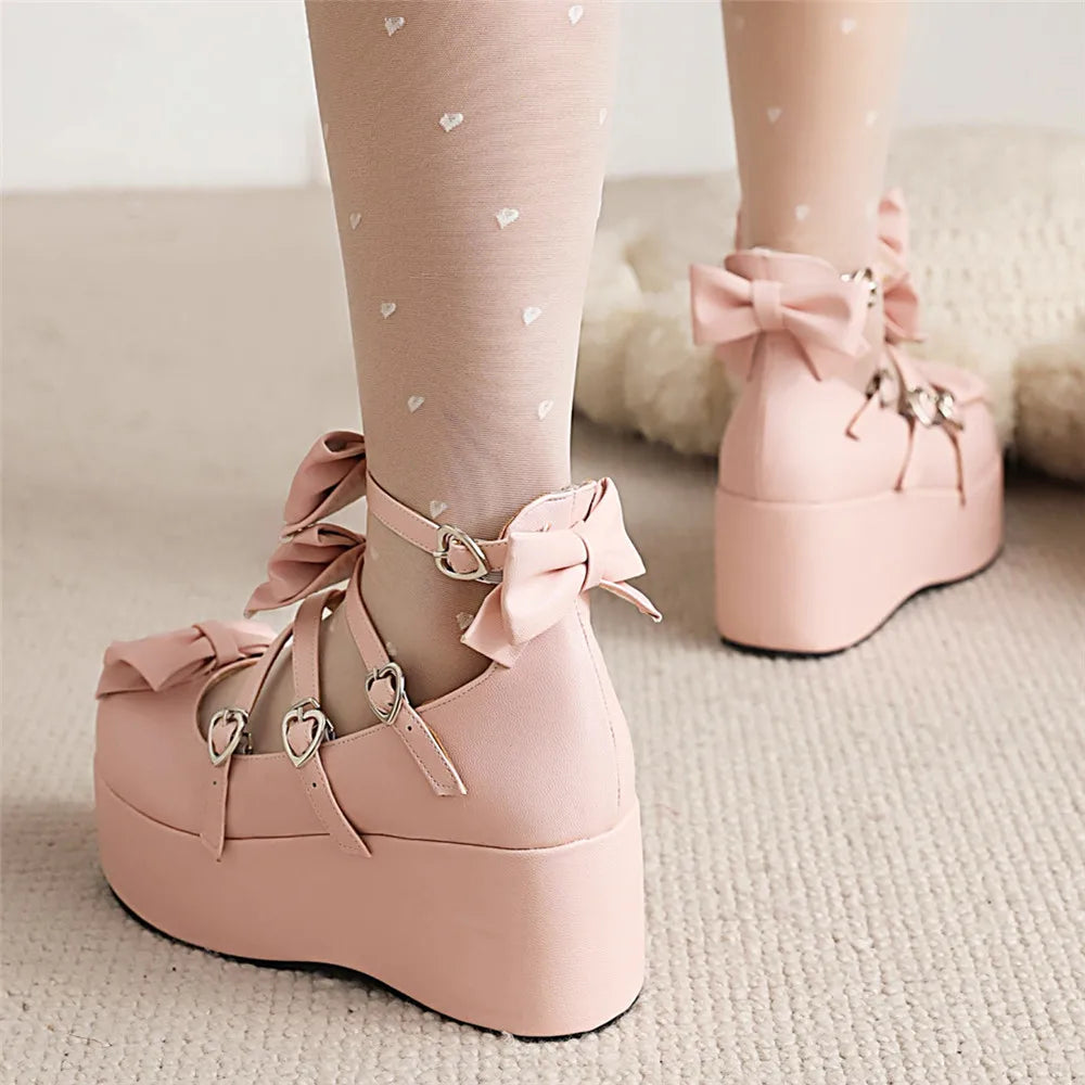 Soufree  -  New Sweet Heart Buckle Wedges Mary Janes Women Pink Bow Cross Strap Chunky Platform Lolita Ladies Punk Gothic Cosplay Girls Shoe