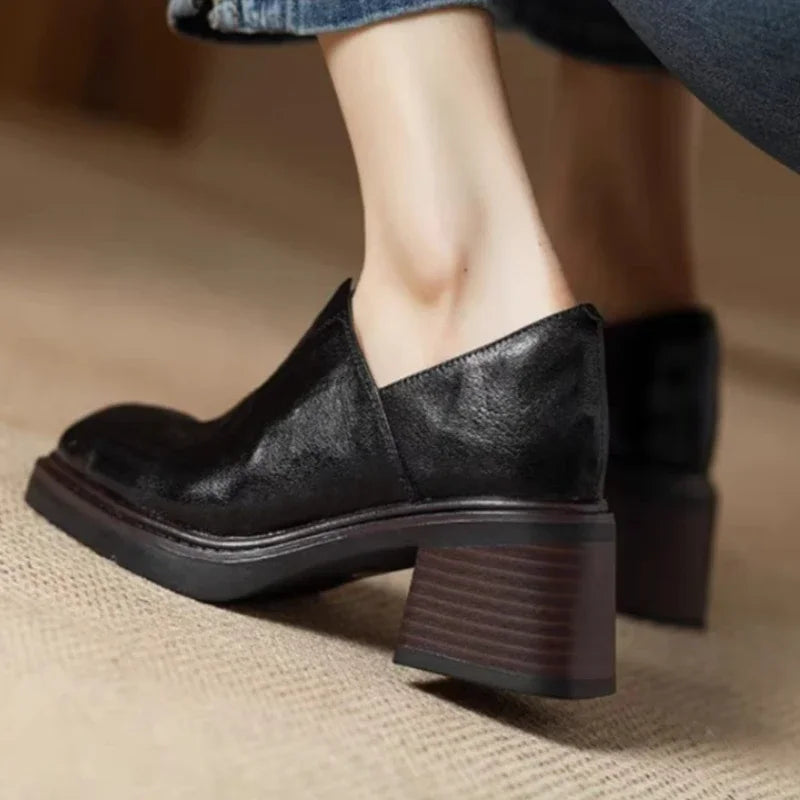 Soufree  -  Retro Soft Leather wedge shoes woman Fashion black Square Toe Casual chunky Heel mules shoes designer luxury Comfort Office shoe