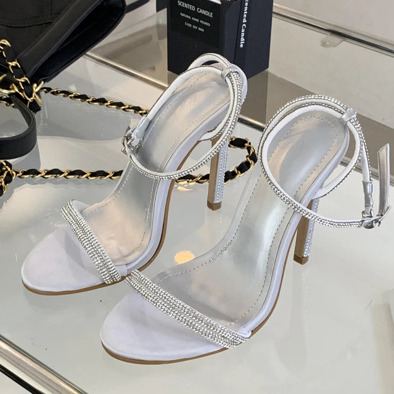 Soufree  -  Crystal Ironing Diamond Narrow Band Slim Heel Sandals Women PU Round Head Open Toe Lace Up High Heels Wedding Dress