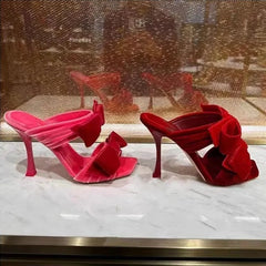 Soufree  -  New Square Toe Sandals Sexy Pink Velvet Bow Stiletto Heels Temperament Open-Toed Slippers Women