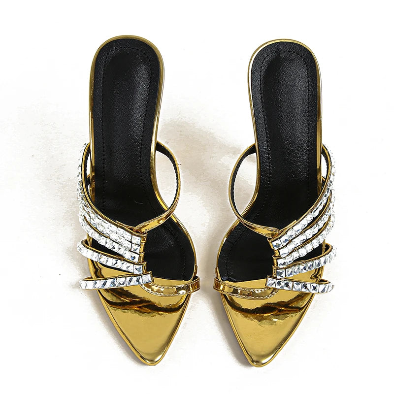 Soufree  -  New Gold Rhinestone Pointed Sexy Mules Sandals High Heel summer Sandals Slippers Sizes 35-42 Dress Banquet Shoes