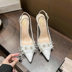 Soufree  -  French Bride Gold Wedding Shoes Thin Heel Pointed Shallow Mouth Flower Rhinodrill High Heels Bao Head Fashion Women Sandals