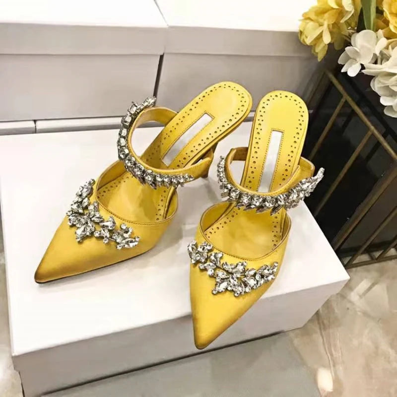 Soufree  -  High Heels Pointed Toe Luxury Satin Slippers Women Sexy Party Shoes Summe Elegant Mule Crystal Thin High Sandals