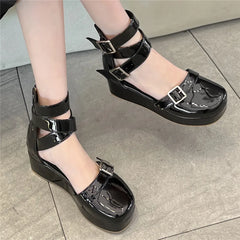 Soufree  -  Women Summer Sandals Mid Heels Wedges Shoes Ladies Vintage Rome Patent Leather Buckle Sandalias Mujer Sapato Feminino Zip Footwe