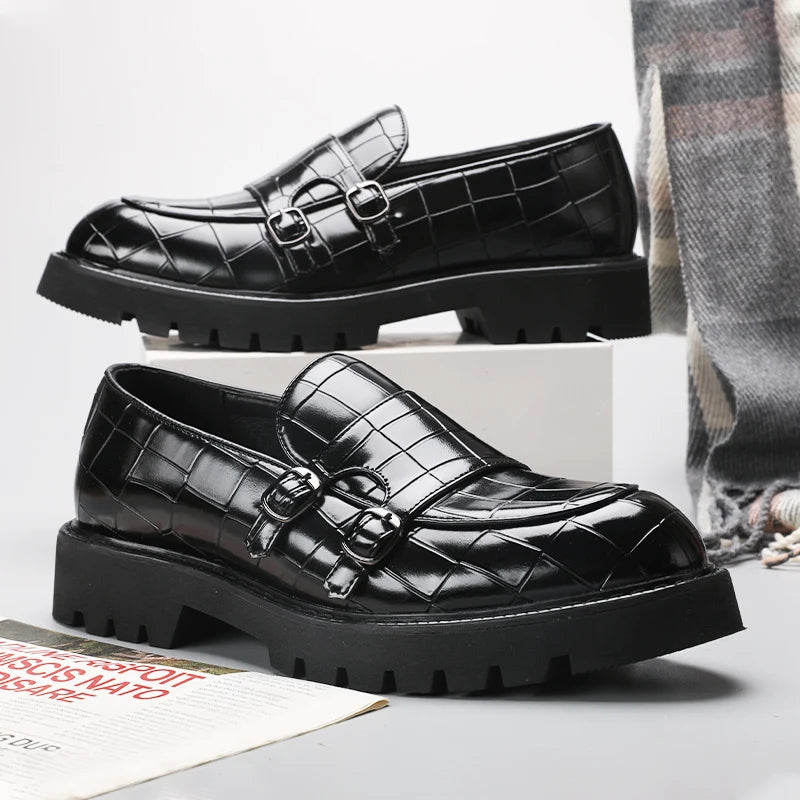 Soufree  -  Platform Shoes Loafers Shoes Men Thick-soled Wedding Shoe Black Formal Business Shoes Slip-on Leather Increase Big Size 38-48