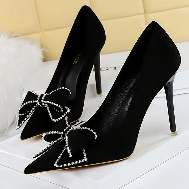 Soufree  - Rhinestone Bowknot Woman Pumps Suede High Heels Sexy Party Shoes Pointed Stilettos Women Heels Luxury Pumps Large Size 42 43