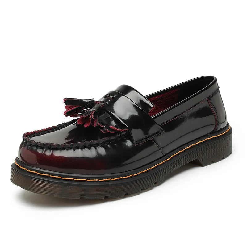 Soufree  - Tassel Loafers Shoes, Genuine Leather Low Cut Shoes, Polished Red English Style Fashionable Student Round Toe Casual Men's Shoes