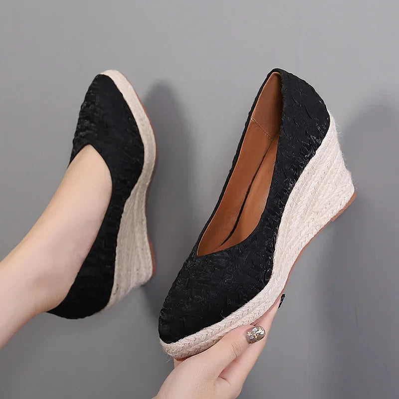 Soufree  -  New Pointed Shallow Mouth Women Wedge Heel Thick Sole Single Shoes Women Straw Woven Twine rope sole Spring Autumn Shoes