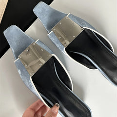 Soufree  -  Chunky Heel Slippers Women Fashion Designer Slingback Sandal Female Open-toe Metal Square Buckle Pointed Toe Pumps Women Sandals