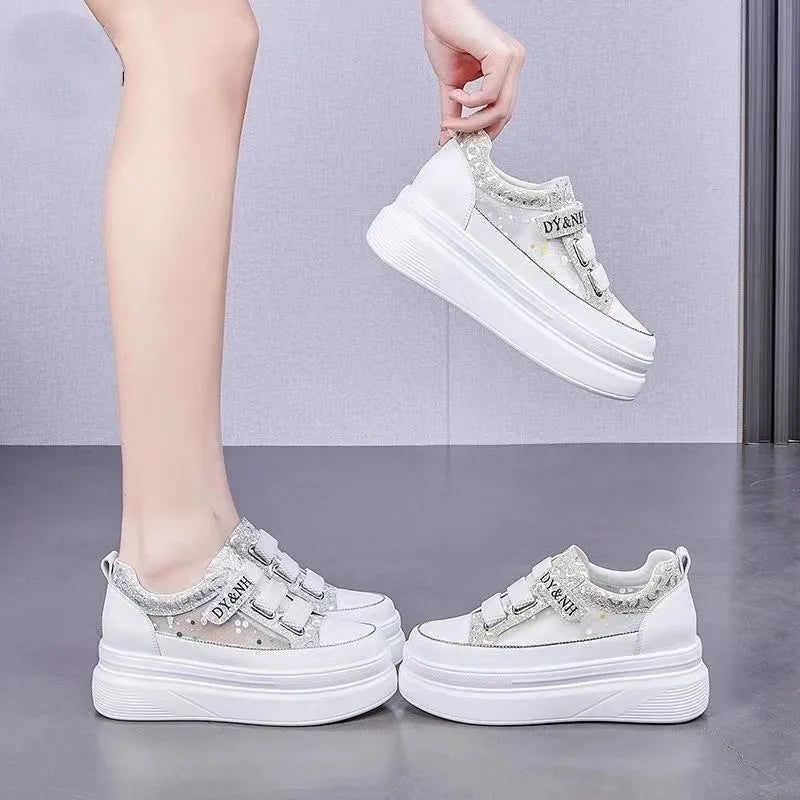 Soufree  -  Breathable Thick-soled White Shoes Inner Height-increasing Mesh Platform Summer Women's Shoes Student Flat Casual Sneakers