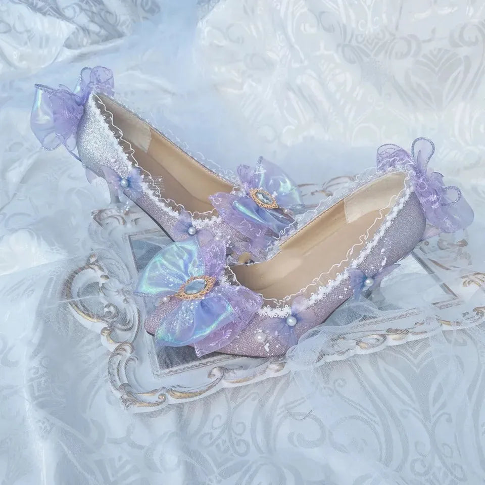 Soufree  -  Court Retro Style Sweet Lolita Cosplay Flower Wedding Elegant Tea Party Girl Bow Pearl Lace 6cm Purple Dream High Heeled Shoes