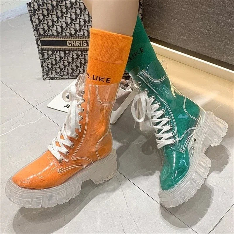 Soufree  -  Fashion Women Pu Transparent Platform Boots Waterproof Ankle Boots Feminine Clear Thick Bottom Rainboots Sexy Female Shoes