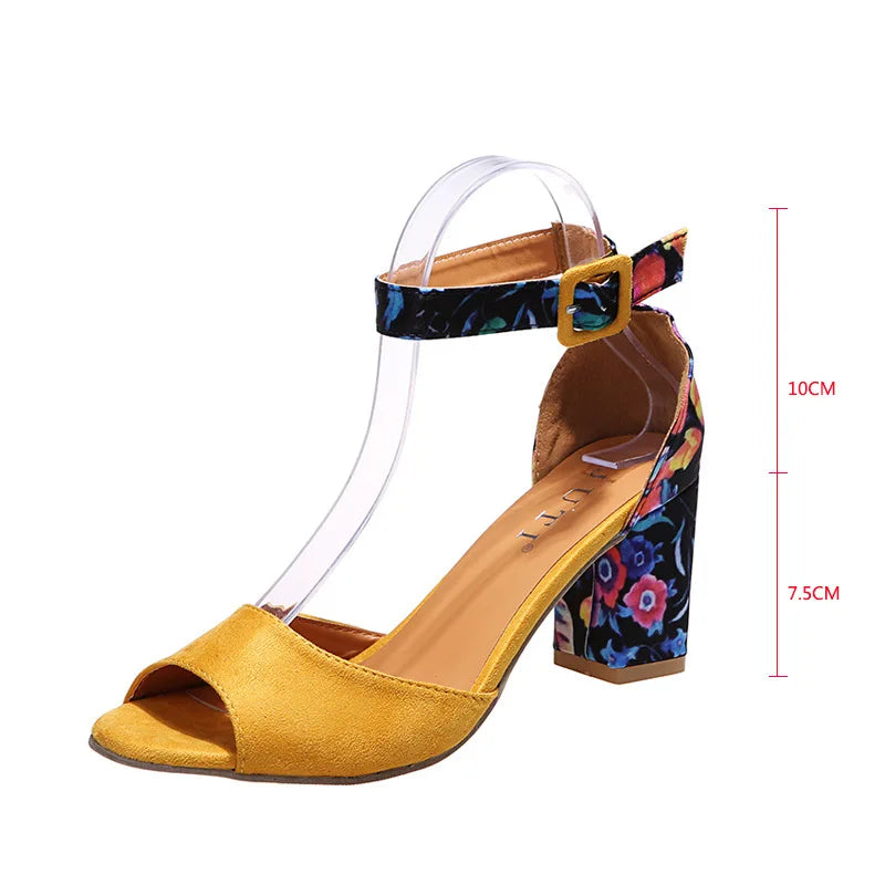 Soufree  -  unique shoes Fashion Women Black Flock Flower Color High Heels Sandals Female Pumps Peep Toe Ankle Strap Platform Shoes 35-43